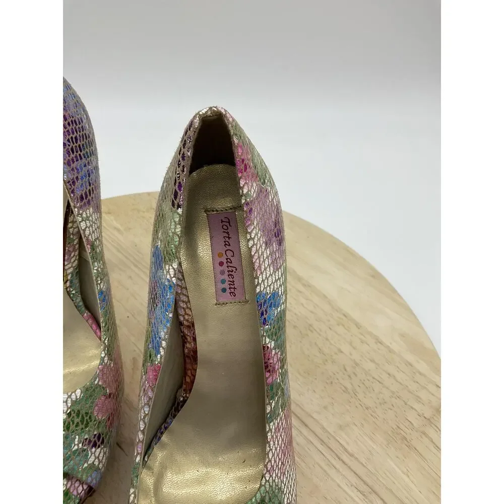 Torta Caliente Shoes Womens Size 7 Multicolor Floral Peep Toe Platform‎ Heels